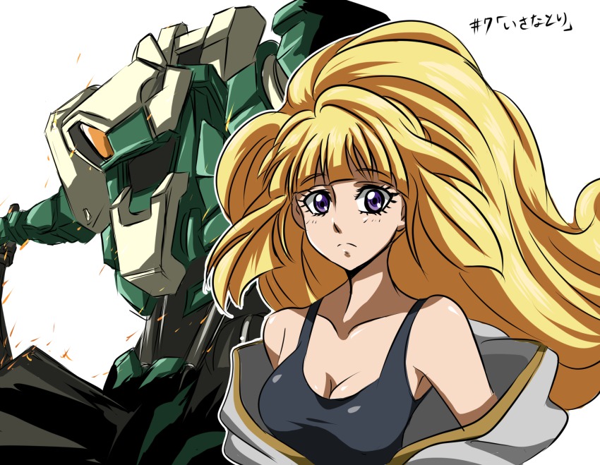 1girl arudebido blonde_hair breasts cleavage eyelashes gundam gundam_tekketsu_no_orphans highres kudelia_aina_bernstein long_hair mecha purple_eyes robot simple_background sketch solo text_focus translation_request white_background