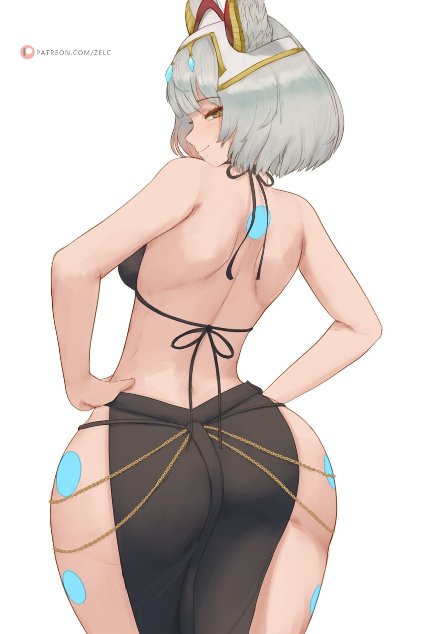 1girl animal_ears ass black_dress blush cat_ears dress from_behind glowing_markings grey_hair hand_on_own_hip highres looking_at_viewer nia_(xenoblade) short_hair simple_background smile solo standing white_background xenoblade_chronicles_(series) xenoblade_chronicles_2 xenoblade_chronicles_3 yellow_eyes zelc-face