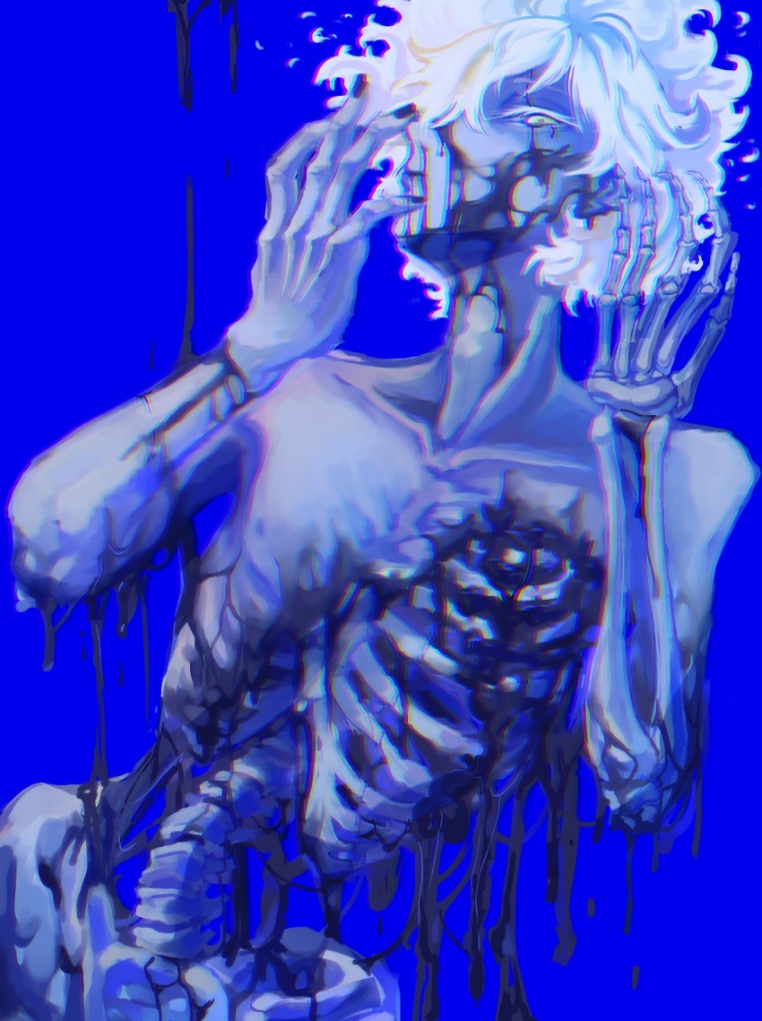 1boy black_blood black_nails blood blood_on_face blue_background bone chromatic_aberration collarbone colored_blood colored_eyelashes dripping fiery_hair guro highres male_focus nail_polish ortho_shroud pale_skin ribs shii_(takeko) short_hair simple_background skeletal_arm skeleton solo spine topless_male twisted_wonderland white_hair yellow_eyes