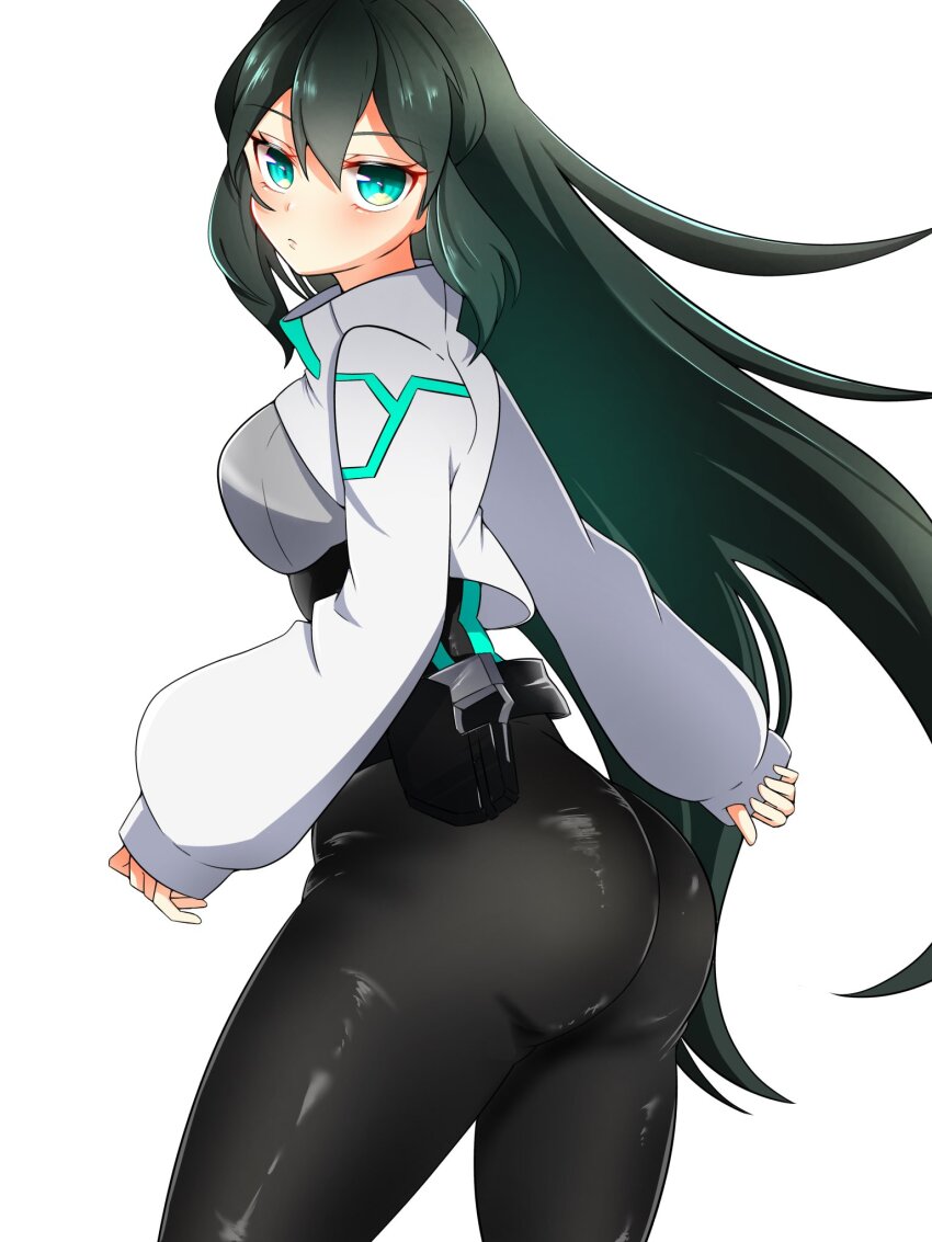 1girl :&lt; ass black_bodysuit black_hair blue_eyes blush bodysuit breasts floating_hair from_side frown grey_shrug gundam gundam_build_divers gundam_build_divers_re:rise highres juice_(jule_tyaojule) long_hair long_sleeves looking_at_viewer may_(gundam_build_divers_re:rise) medium_breasts shrug_(clothing) simple_background sleeves_past_wrists solo very_long_hair white_background