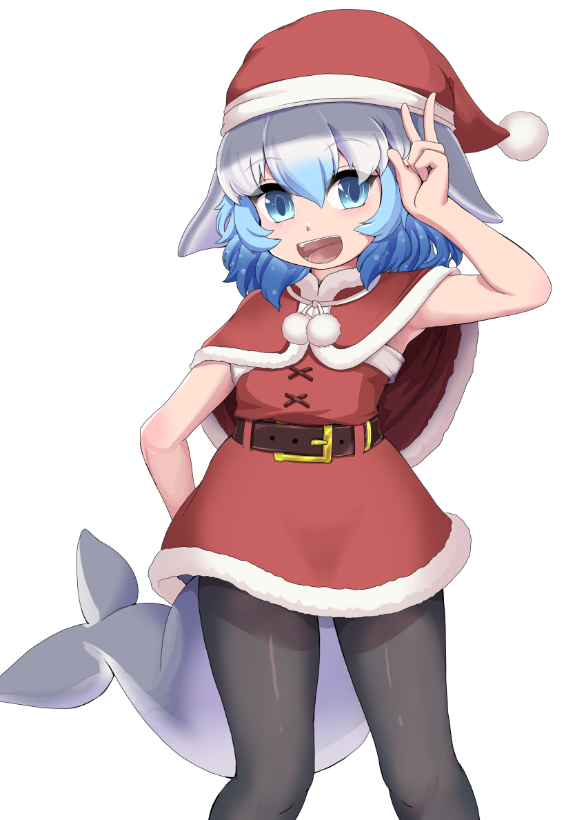 1girl absurdres alternate_costume bare_shoulders black_pantyhose blue_eyes blue_hair capelet cetacean_tail common_bottlenose_dolphin_(kemono_friends) cowboy_shot dolphin_girl dress fins fish_tail fur_collar fur_trim grey_hair hair_between_eyes hat head_fins highres kemono_friends kkkkkenzen looking_at_viewer multicolored_hair open_mouth pantyhose red_capelet red_dress santa_costume santa_hat sidelocks sleeveless smile solo tail white_fur white_hair