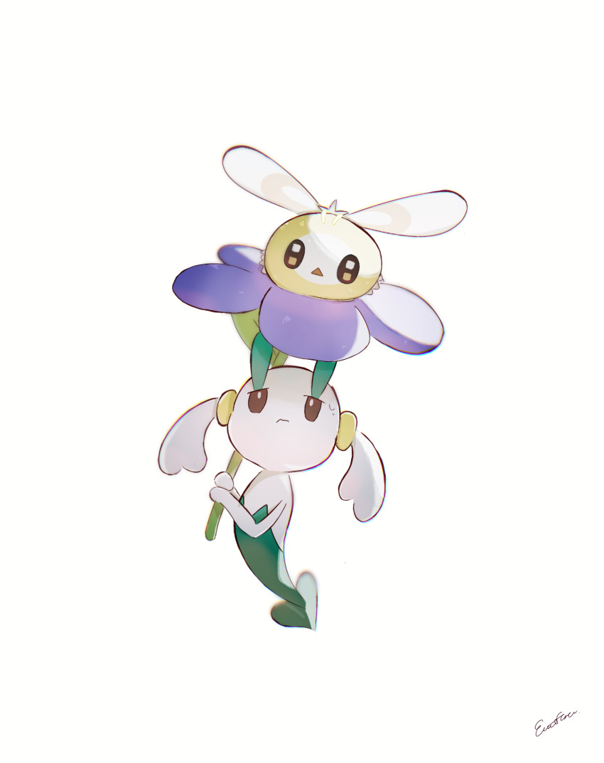 creatures_(company) cutiefly emofuru_(vktd5442) floette floette_(blue_flower) flower game_freak gen_6_pokemon gen_7_pokemon highres holding holding_flower looking_at_another nintendo no_humans pokemon pokemon_(creature) purple_flower signature simple_background white_background