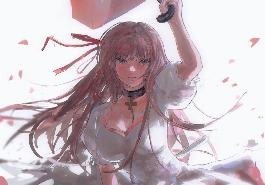 1girl arm_at_side arm_up ashashio breasts cherry_blossoms chinese_commentary commentary_request cross_pendant dress falling_petals floating_hair hair_ribbon highres holding holding_umbrella large_breasts light_smile long_hair misakura_rin open_mouth pendant_choker petals pink_eyes puffy_short_sleeves puffy_sleeves red_ribbon ribbon sakura_no_uta short_sleeves simple_background smile solo umbrella upper_body white_background white_dress