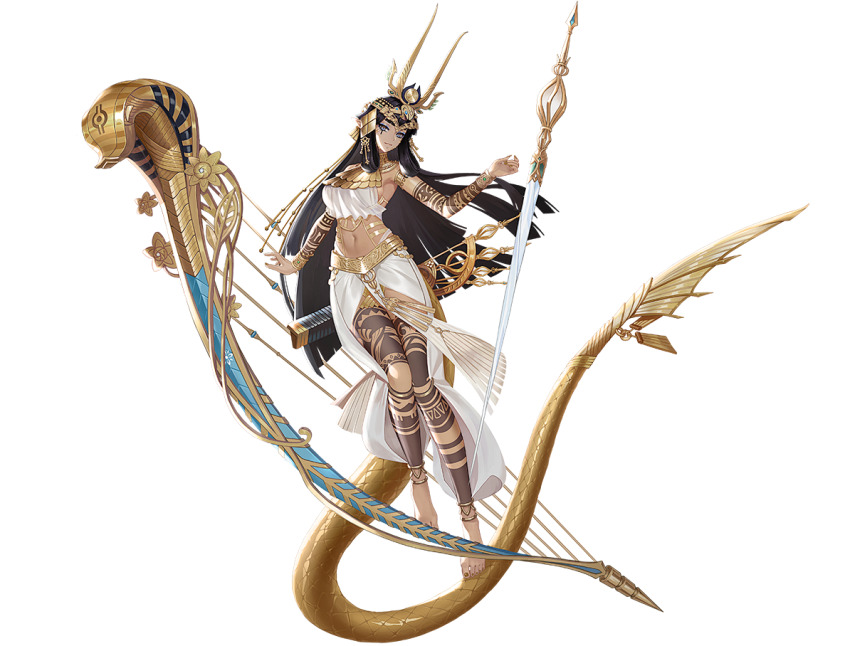 ancient_egyptian_clothes arm_tattoo bare_legs bare_shoulders brown_nails feet fingernails game_cg gold gold_anklet harp instrument leg_tattoo long_fingernails midriff multiple_anklets nail_polish navel official_alternate_costume official_art onmyoji quiver shiny_skin simple_background suzuka_gozen_(onmyoji) tan tattoo toenail_polish toenails transparent_background