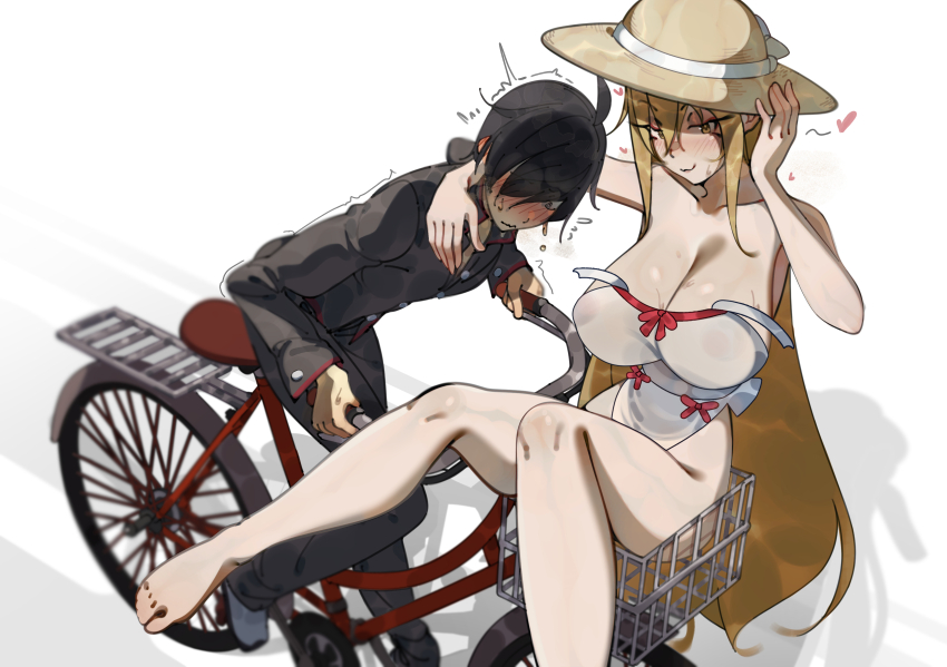 1boy 1girl absurdres araragi_koyomi bicycle bicycle_basket black_hair black_pants black_shirt blonde_hair blush breasts cosplay covered_erect_nipples deko_morii dress hat highres kiss-shot_acerola-orion_heart-under-blade large_breasts monogatari_(series) naoetsu_high_school_uniform oshino_shinobu oshino_shinobu_(cosplay) pants school_uniform shirt smile straw_hat vampire white_background white_dress yellow_eyes