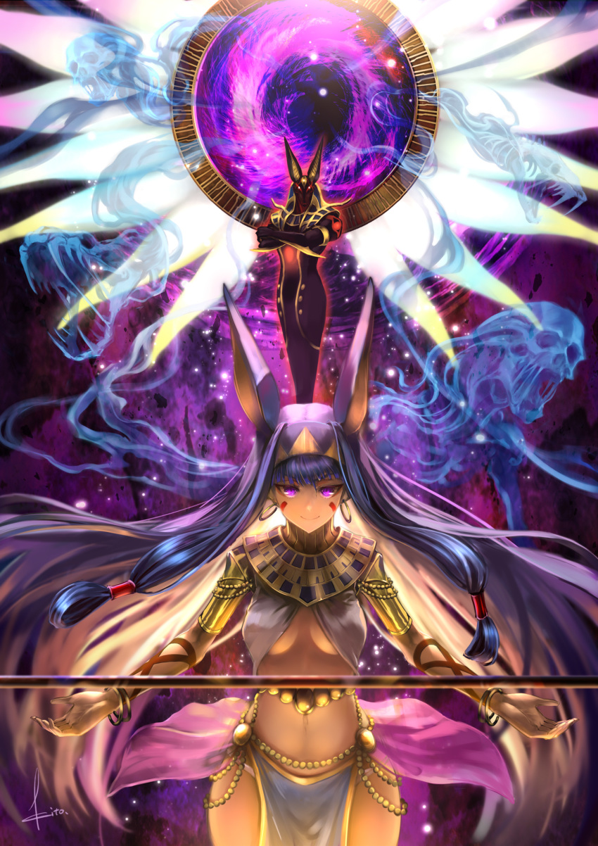 1girl ancient_egyptian_clothes animal_ears anubis_(mythology) artist_name bracelet breasts commentary_request crossed_arms dark-skinned_female dark_skin earrings facial_mark fate/grand_order fate_(series) ghost glowing hairband hands_up highres jewelry kito_(kito2) long_hair looking_at_viewer medium_breasts mirror navel nitocris_(fate) no_bra pelvic_curtain purple_eyes purple_hair sidelocks skull smile sparkle staff underboob usekh_collar