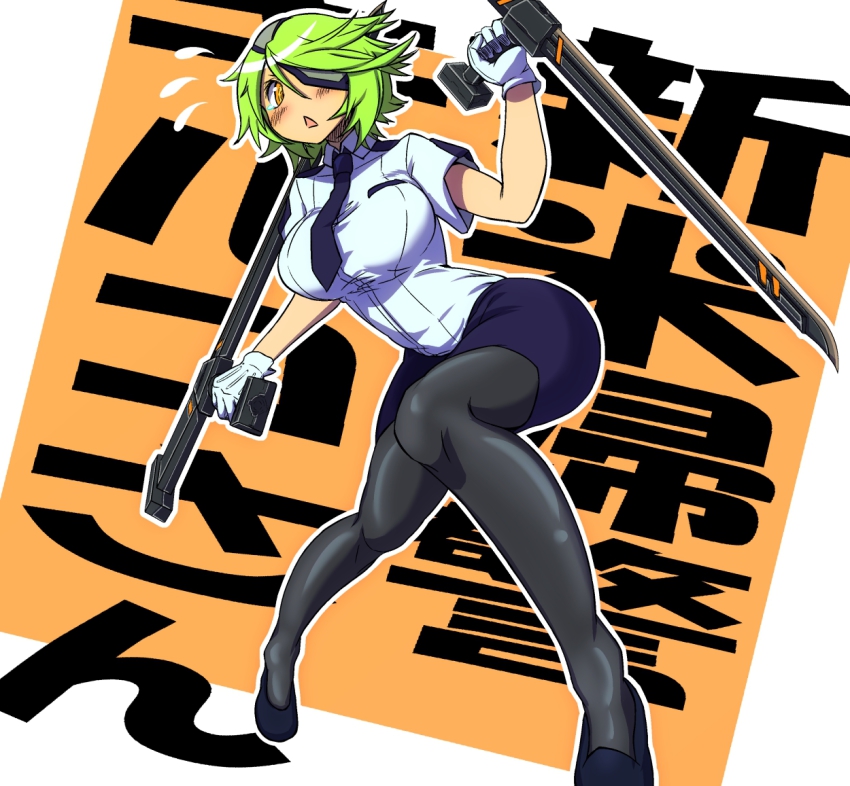 1girl :&lt; bad_id bad_pixiv_id black_pantyhose bladed_tonfa blush breasts dual_wielding eyepatch female_focus green_hair hair_over_one_eye high_heels holding impossible_clothes kikunosukemaru large_breasts necktie open_mouth otonashi_kiruko pantyhose pencil_skirt police police_uniform shinmai_fukei_kiruko-san shoes short_hair skirt solo tears tonfa weapon yellow_eyes