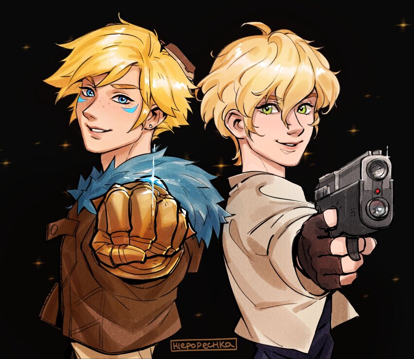 2boys absurdres black_background blonde_hair blue_eyes clenched_hand commentary daisuke_aurora earrings english_commentary ezreal fingerless_gloves freckles fur_collar gauntlets glint gloves green_eyes gun hair_between_eyes heat_guy_j highres hlepopechka_(oggihelga) holding holding_gun holding_weapon jewelry league_of_legends male_focus multiple_boys short_hair smile stud_earrings upper_body weapon