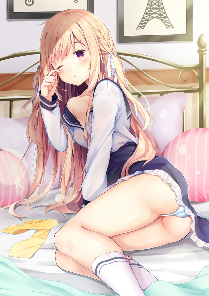 1girl ass black_skirt blonde_hair blush braid breasts cleavage drawing_(object) highres indoors koki_(latte1023) lens_flare long_hair long_sleeves looking_at_viewer medium_breasts moe2019 off_shoulder on_bed one_eye_closed original panties pillow purple_eyes school_uniform sitting skirt small_breasts socks solo tearing_up tears underwear white_panties white_socks wiping_tears