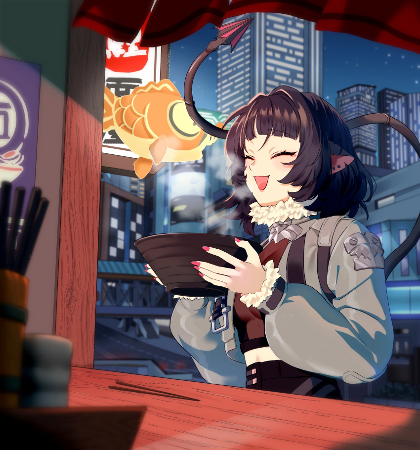 1girl :d absurdres animal_ears black_hair blunt_bangs bowl building chopsticks cityscape closed_eyes commentary fingernails food fur-trimmed_jacket fur_trim grey_jacket happy highres holding holding_bowl jacket jane_doe_(zenless_zone_zero) mal_to_mal mouse_ears mouse_girl mouse_tail nail_polish noodles open_mouth outdoors ramen red_nails sidelocks sitting smile solo tail zenless_zone_zero