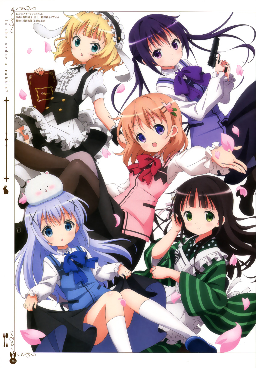 5girls absurdres adjusting_hair animal_ears apron aqua_eyes black_footwear black_skirt black_socks blonde_hair blush bow brown_hair closed_mouth dress fake_animal_ears gochuumon_wa_usagi_desu_ka? green_eyes green_kimono gun handgun high_heels highres holding holding_gun holding_menu holding_weapon hoto_cocoa japanese_clothes kafuu_chino kimono kirima_syaro kneehighs long_hair long_sleeves looking_at_viewer maid maid_apron maid_headdress menu multiple_girls official_art okuda_yousuke open_mouth pantyhose parted_lips pistol puffy_short_sleeves puffy_sleeves purple_bow purple_eyes purple_hair rabbit_ears scan short_hair short_sleeves skirt smile socks tedeza_rize thighhighs tippy_(gochiusa) twintails ujimatsu_chiya waitress weapon white_legwear