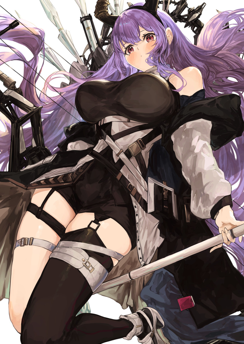 1girl absurdres arknights bare_shoulders black_hairband black_horns black_shirt black_shorts black_thighhighs blush bow_(weapon) breasts commentary_request compound_bow fake_horns feet_up floating_hair from_below full_body garter_straps hair_between_eyes hairband highres holding holding_behind_back holding_bow_(weapon) holding_weapon horns huge_breasts jacket kajuu large_breasts long_hair long_sleeves looking_at_viewer off_shoulder open_clothes open_jacket purple_hair red_eyes shirt shorts sidelocks single_thighhigh sleeveless sleeveless_shirt solo thighhighs typhon_(arknights) very_long_hair weapon white_jacket