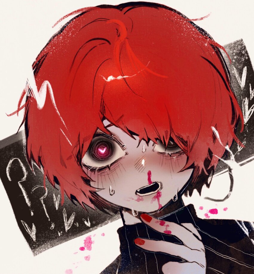 1boy black_eyes black_sweater blood blood_on_hands commentary english_commentary fang heart heart_in_eye highres homicipher looking_at_viewer male_focus mr._scarletella nosebleed red_hair red_nails short_hair simple_background solo sweater sweeeet_him symbol_in_eye turtleneck turtleneck_sweater yellow_background