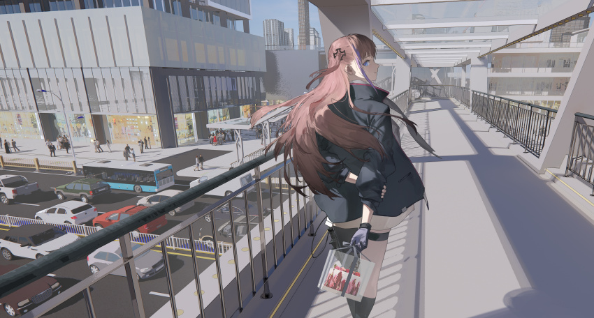 1girl absurdres aweii bag black_gloves black_jacket blue_eyes bridge brown_hair building car city crosswalk day fingerless_gloves girls&#039;_frontline gloves hair_ornament highres holding holding_bag jacket kneehighs long_hair looking_at_viewer looking_back motor_vehicle multicolored_hair outdoors people pink_hair railing road second-party_source socks solo_focus st_ar-15_(girls&#039;_frontline) standing streaked_hair street thigh_strap thighhighs