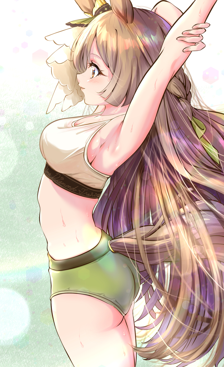 1girl absurdres animal_ears arm_up armpits breasts brown_eyes brown_hair buruma closed_mouth commentary_request green_buruma highres horse_ears horse_girl horse_tail kakikakilemon long_hair medium_breasts midriff profile satono_diamond_(umamusume) smile solo sweat tail umamusume very_long_hair