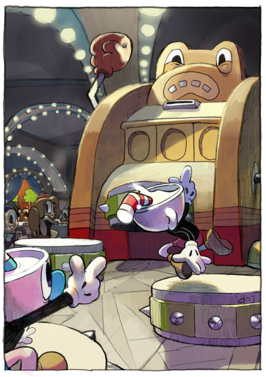 2boys absurdres animal audience boxing_gloves bug commentary croaks cuphead cuphead_(game) doi_m2000 drinking_straw fighting fly furry gloves highres indoors insect male_focus mugman multiple_boys no_humans ribby scared sitting slot_machine smile