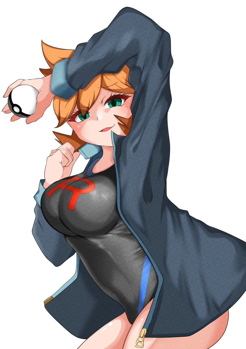 1girl black_one-piece_swimsuit blue_jacket blush breasts competition_swimsuit covered_navel creatures_(company) game_freak green_eyes gym_leader hand_up highres holding holding_poke_ball jacket large_breasts long_sleeves looking_at_viewer misty_(pokemon) navel nintendo one-piece_swimsuit open_clothes open_jacket open_mouth orange_hair phone poke_ball poke_ball_(basic) pokemon pokemon_(anime) pokemon_(classic_anime) pokemon_gsc pokemon_hgss pokemon_rgby short_hair smile solo swimsuit thighs