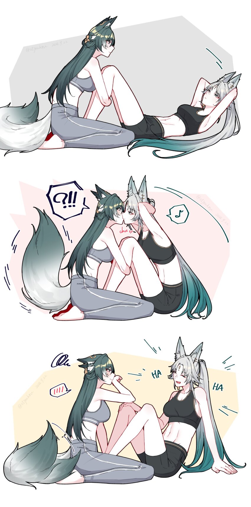 !? 2girls absurdres animal_ears blue_hair blush breasts closed_eyes closed_mouth exercising feixiao_(honkai:_star_rail) gradient_hair gradient_tail green_hair grey_hair highres honkai:_star_rail honkai_(series) jouhou kiss laughing long_hair multicolored_hair multiple_girls musical_note open_mouth parted_lips sit-up spoken_blush spoken_interrobang spoken_musical_note squiggle tail tail_wagging very_long_hair yukong_(honkai:_star_rail) yuri