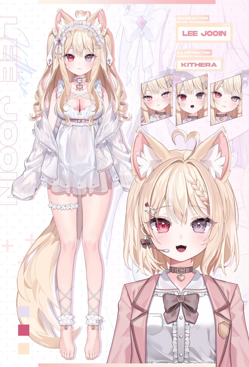 1girl :3 @_@ absurdres ahoge animal_ears bare_shoulders barefoot belt blazer blonde_hair bow bowtie braid breasts brown_choker cat_ears cat_girl cat_tail choker cleavage closed_mouth commentary_request dress fangs frilled_dress frills grey_eyes hair_bow heart heart_ahoge heterochromia highres jacket kithera large_breasts lee_jooin long_hair long_sleeves looking_at_viewer mixed-language_commentary multiple_expressions multiple_views off_shoulder open_clothes open_jacket open_mouth pink_jacket red_eyes reference_sheet see-through_clothes see-through_jacket shirt short_dress sleeveless sleeveless_dress sleeves_past_fingers sleeves_past_wrists smile tail thighs two_side_up v-lup virtual_youtuber white_choker white_dress white_jacket white_shirt