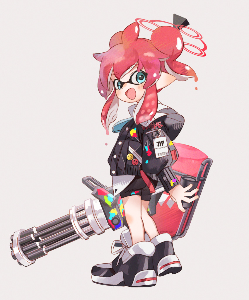 1girl bike_shorts black_footwear black_jacket black_shorts blue_archive blush double_bun full_body grey_background hair_bun halo highres holding holding_weapon hood hood_down hooded_jacket id_card inkling inkling_girl inkling_player_character jacket looking_at_viewer maki_(blue_archive) nintendo open_mouth pointy_ears red_halo shiromoca shorts simple_background solo splatoon_(series) tentacle_hair weapon