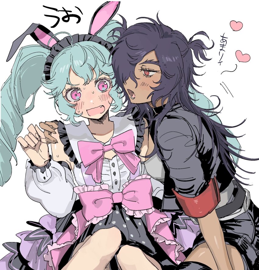 2girls animal_ears black_jacket blowing_in_ear blue_hair bow commentary_request confused dark-skinned_female dark_skin drill_hair embarrassed fang genderswap genderswap_(mtf) hair_over_one_eye hand_on_another&#039;s_shoulder heart highres idol_clothes idol_land_pripara jacket katasumi_amari long_hair long_sleeves looking_at_another mario_(pripara) multiple_girls open_mouth pink_bow pink_eyes pretty_series pripara rabbit_ears simple_background sitting smile translation_request twin_drills twintails white_background yumei_(jigoku101) yuri