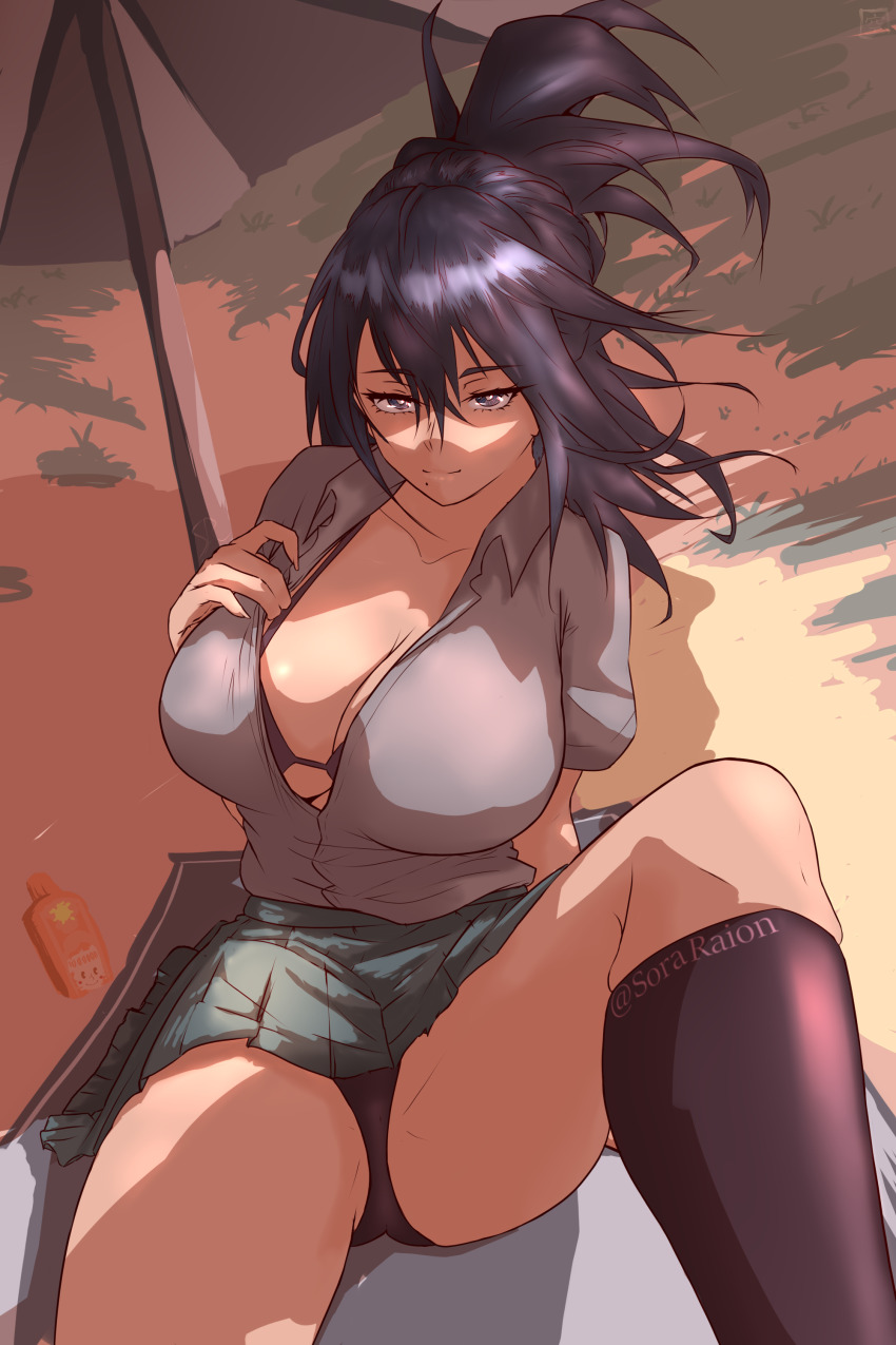 1girl absurdres beach bikini black_bikini black_panties boku_no_hero_academia breasts commission highres large_breasts lifting_own_clothes long_hair mole mole_under_mouth open_clothes open_shirt panties pixiv_commission ponytail purple_eyes purple_hair school_uniform shimura_nana shirt sitting skirt solo sora_raion spread_legs swimsuit thighhighs thighs u.a._school_uniform underwear undressing white_shirt