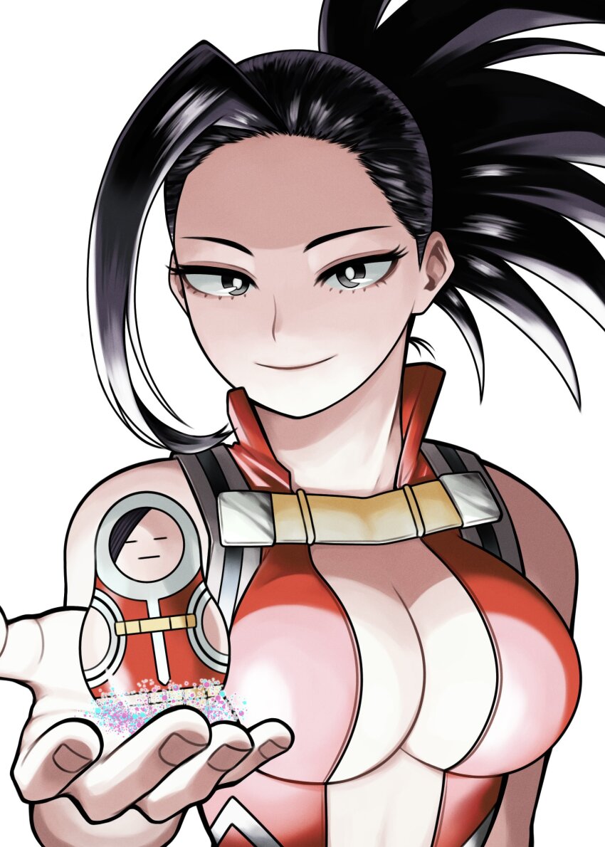 1girl absurdres black_eyes black_hair bodysuit boku_no_hero_academia breasts bright_pupils cleavage commentary doll eyelashes fingernails highres hiro_illust11 holding holding_doll horikoshi_kouhei_(style) leotard looking_at_viewer matryoshka_doll official_style ponytail red_bodysuit red_leotard smile white_pupils yaoyorozu_momo