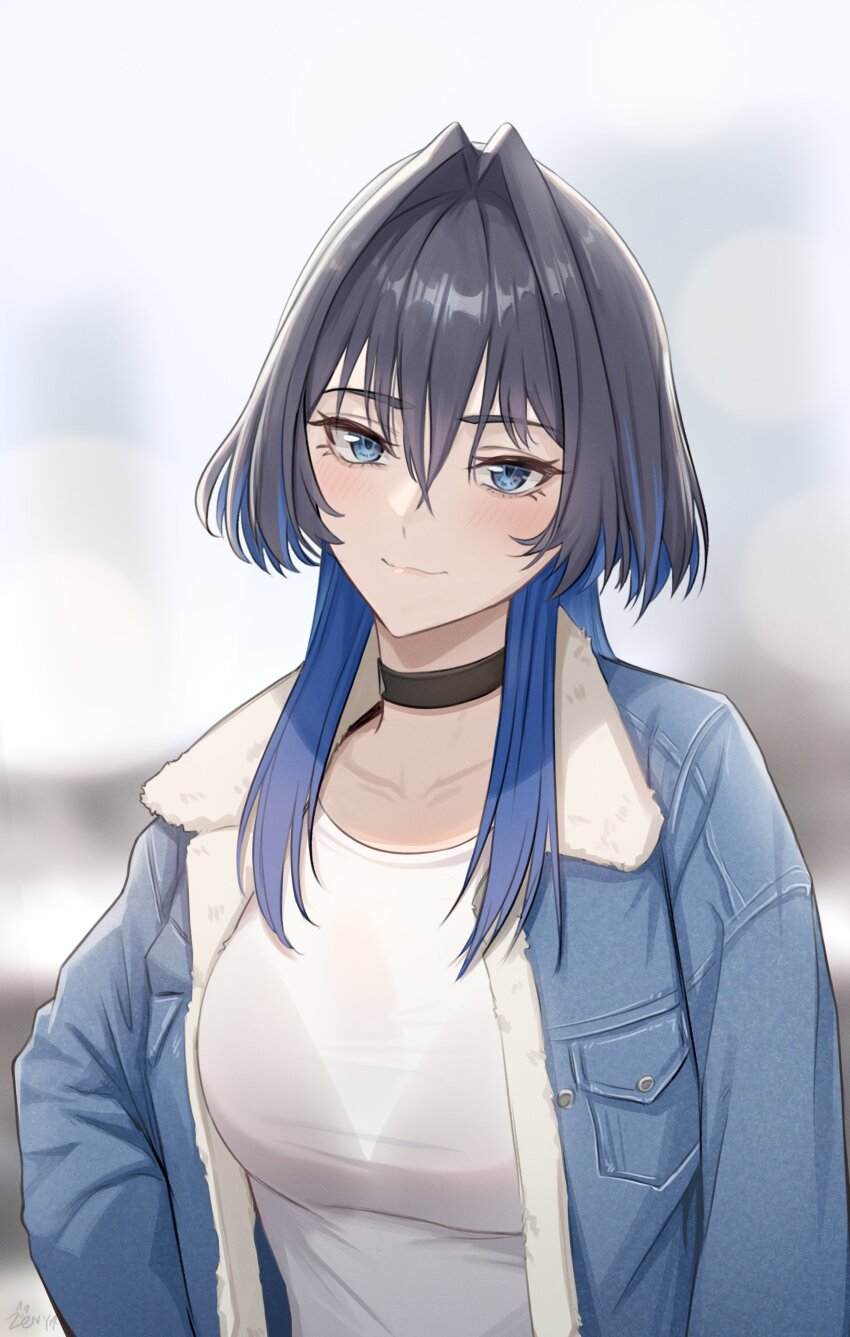 1girl absurdres alternate_costume black_choker black_hair blue_eyes blue_hair choker closed_mouth denim denim_jacket hair_between_eyes hair_intakes highres hololive hololive_english jacket long_hair looking_at_viewer multicolored_hair ouro_kronii shirt smile solo two-tone_hair virtual_youtuber white_shirt zenya