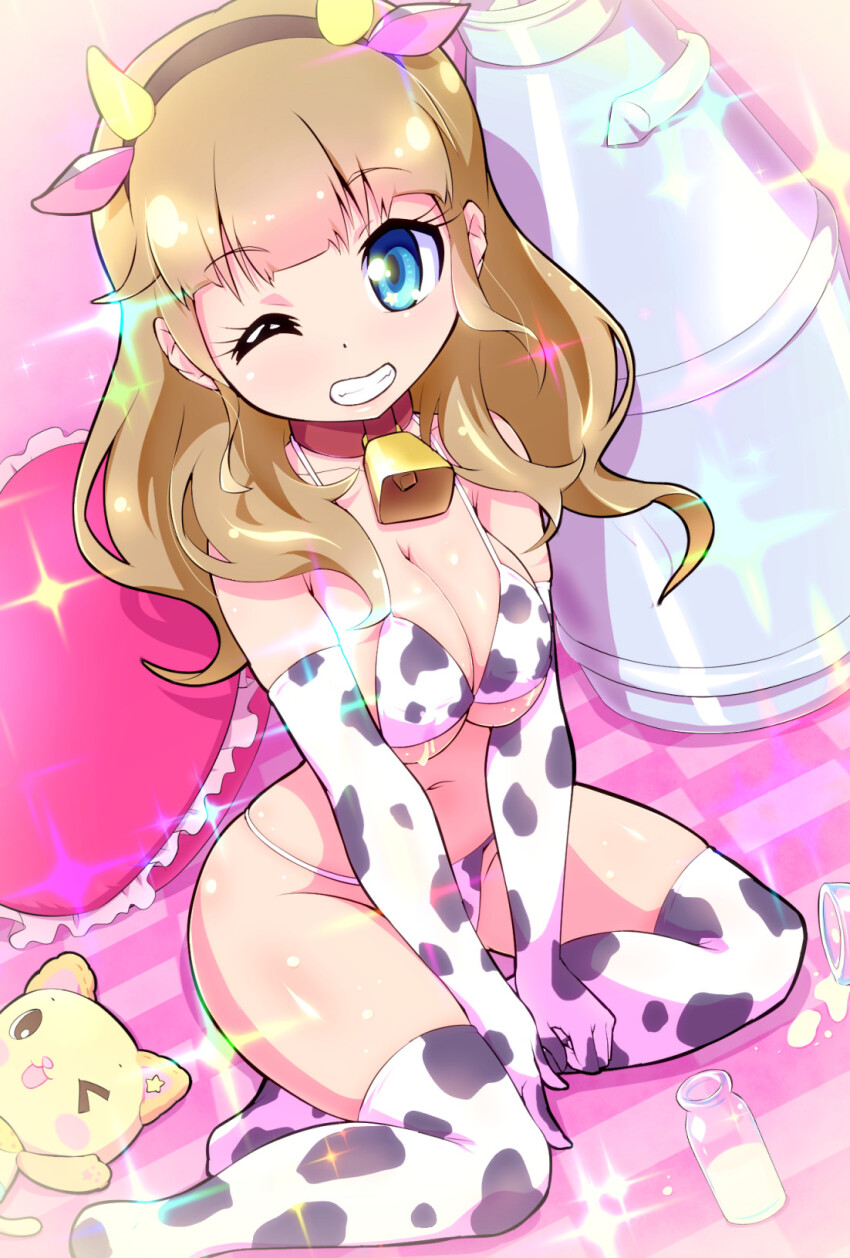 1girl animal_collar animal_ears animal_print arms_between_legs bikini black_hairband blue_eyes blunt_bangs bottle breasts brown_hair cleavage collar cow_ears cow_horns cow_print cow_print_bikini cowbell dutch_angle elbow_gloves eyelashes fake_animal_ears fake_horns frilled_pillow frills gloves grin hairband heart heart-shaped_pillow horns large_breasts long_hair looking_at_viewer mewkledreamy milk milk_bottle navel neck_bell no_shoes one_eye_closed pillow print_bikini print_gloves print_thighhighs red_collar ryuuta_(cure_ryuuta) sitting smile solo sparkle spilled_milk string_bikini stuffed_animal stuffed_cat stuffed_toy teeth thighhighs tsukishima_maira wavy_hair yokozuwari