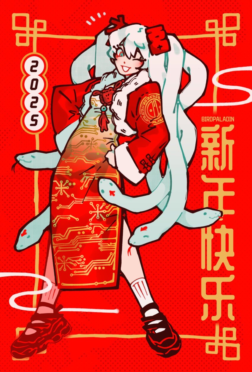 1girl 2025 aqua_eyes aqua_hair birdpaladin black_shoes chinese_clothes dress full_body hair_between_eyes hair_ornament hands_on_own_hips hatsune_miku highres jacket long_hair looking_at_viewer one_eye_closed red_background red_dress red_jacket shoes simple_background snake_hair socks solo standing twintails vocaloid white_hair white_socks