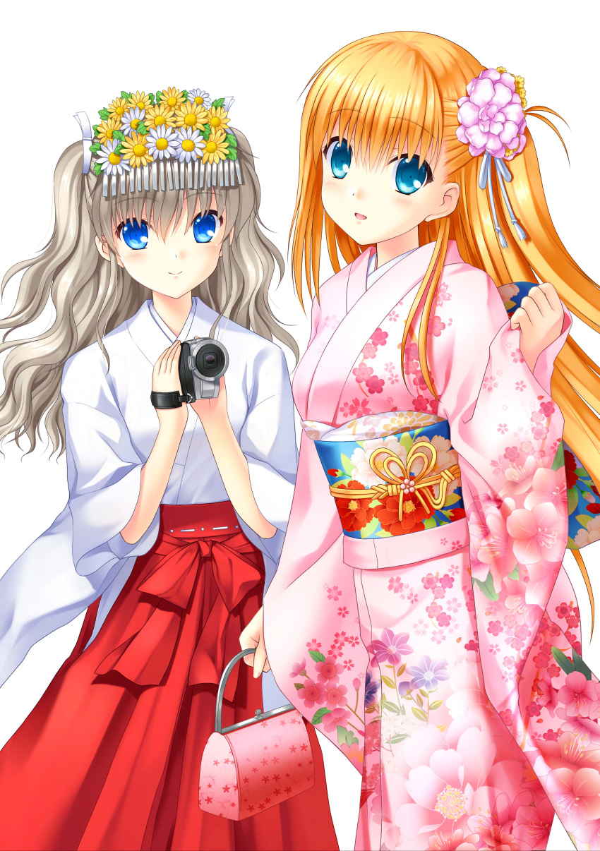 2girls absurdres alternate_costume bag blonde_hair blue_eyes camera charlotte_(anime) closed_mouth floral_print flower hair_between_eyes hair_flower hair_ornament hair_ribbon hakama hakama_skirt handbag head_wreath highres holding holding_bag holding_camera japanese_clothes kimono long_hair miko multiple_girls na-ga nishimori_yusa pink_bag pink_flower pink_kimono print_kimono red_hakama ribbon silver_hair simple_background skirt smile standing tomori_nao very_long_hair white_background white_flower white_kimono white_ribbon yellow_flower yukata