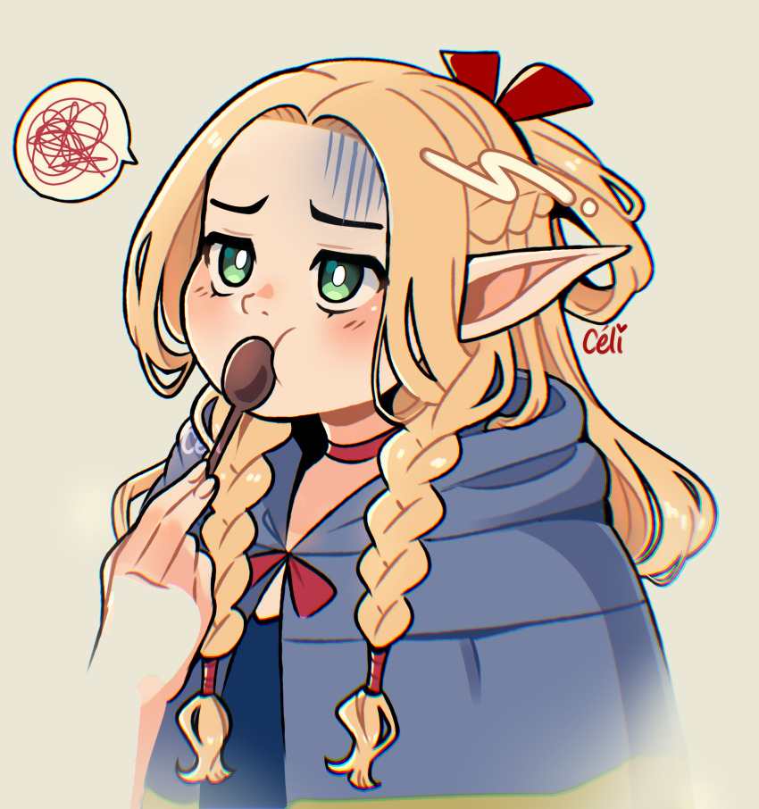 1girl 1other absurdres artist_name blonde_hair blue_robe blush braid bright_pupils choker commentary dungeon_meshi elf english_commentary feeding gloom_(expression) green_eyes hair_ribbon highres holding holding_spoon long_hair low_twin_braids marcille_donato pianta_celi pointy_ears red_choker red_ribbon ribbon robe simple_background solo_focus spoken_squiggle spoon squiggle twin_braids upper_body white_background white_pupils