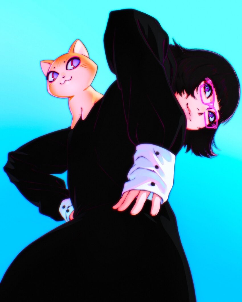 1girl :3 animal animal_on_shoulder aqua_background ass black_dress black_hair blue_pupils cat cat_on_shoulder closed_mouth dress flipped_hair from_below glasses hands_on_own_hips highres ilya_kuvshinov lisa_(ilya_kuvshinov) long_sleeves looking_at_viewer looking_down original pink-framed_eyewear pink_eyes potato_(ilya_kuvshinov) simple_background sleeves_past_wrists smile solo