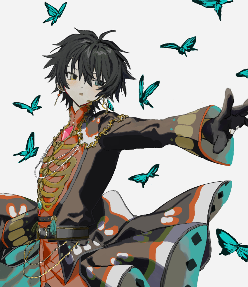 1boy black_hair blue_butterfly blue_eyes bug butterfly ensemble_stars! facing_viewer grey_background headset hermitage_(ensemble_stars!) heterochromia highres insect kagehira_mika long_sleeves looking_to_the_side male_focus official_alternate_costume open_mouth short_hair simple_background solo tami_tome_mo yellow_eyes