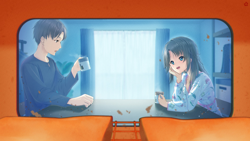 1boy 1girl absurdres arms_on_table black_hair blue_eyes bread bread_slice coffee_mug commentary couple cup curtains food fumimaru head_rest hetero highres holding holding_cup idolmaster idolmaster_shiny_colors long_hair long_sleeves loungewear mitsumine_yuika morning mug no_bra oven_interior pajamas print_pajamas producer_(idolmaster) steaming_cup table window