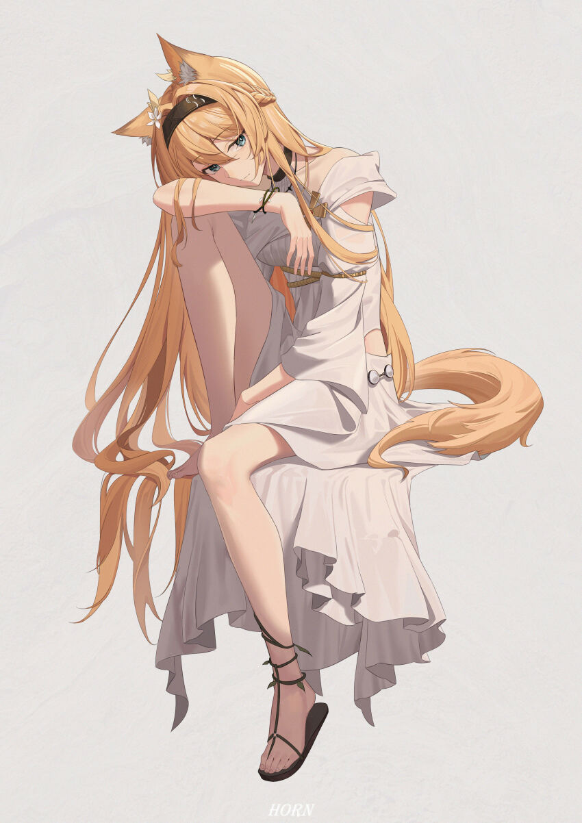 1girl absurdres animal_ear_fluff animal_ears arknights barefoot between_legs black_hairband blue_eyes bracelet closed_mouth commentary_request dress expressionless flower full_body grey_background hair_flower hair_ornament hairband hand_between_legs highleg highres hip_vent horn_(arknights) horn_(to_effloresce_whitely)_(arknights) jewelry knee_up long_hair official_alternate_costume sandals sanmu simple_background single_bare_leg single_sandal sitting solo tail very_long_hair white_dress white_flower wolf_ears wolf_girl wolf_tail