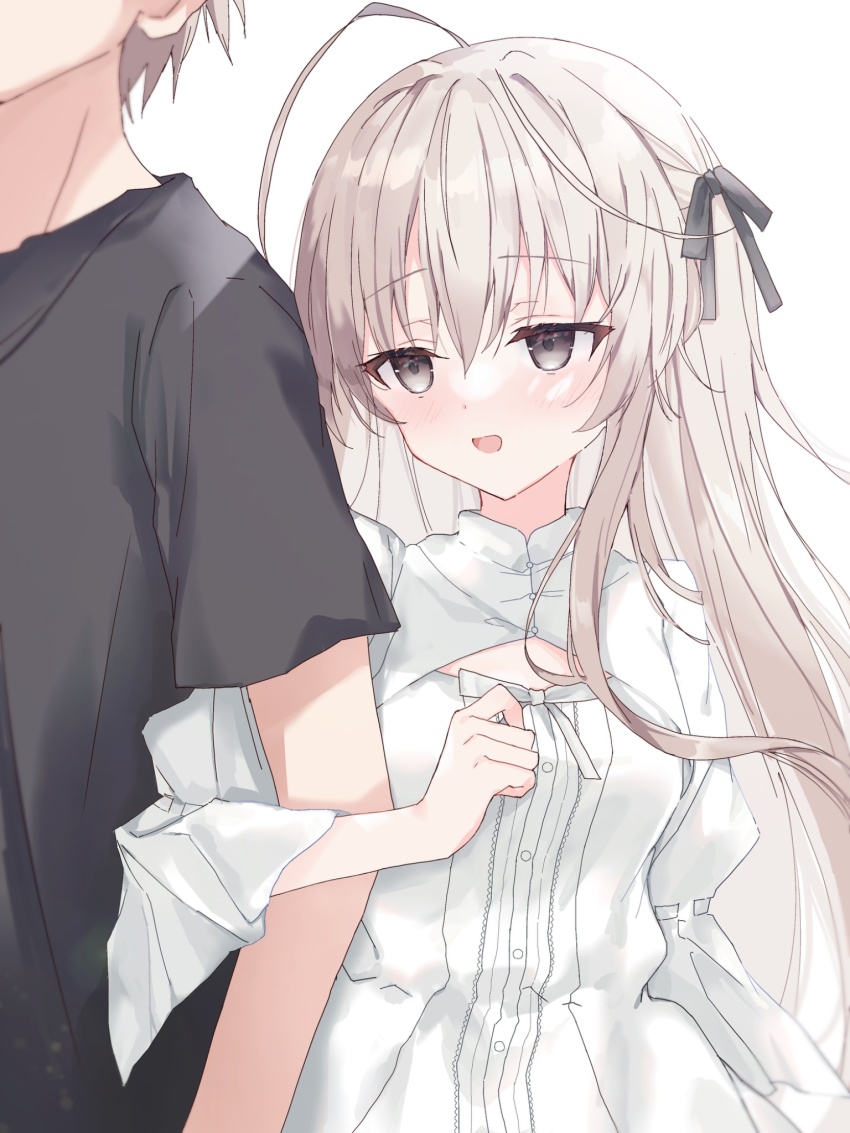 1boy 1girl ahoge black_shirt brother_and_sister dress grey_eyes highres kasugano_haruka kasugano_sora konyo_satsuki locked_arms long_hair shirt short_hair short_sleeves siblings simple_background upper_body white_background white_dress white_hair yosuga_no_sora