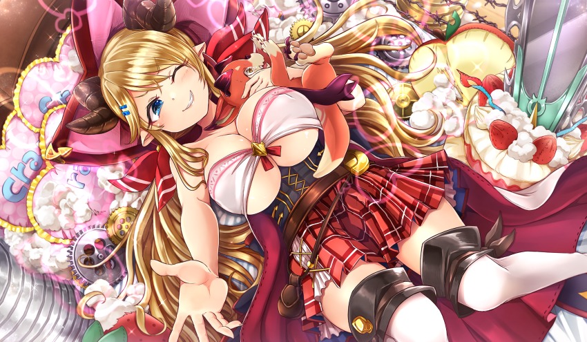 10s 1girl ;) blonde_hair blue_eyes blush breasts cleavage draph female_focus gears granblue_fantasy grin hair_ornament hair_ribbon hairclip hallessena highres horns kamiya_zuzu large_breasts long_hair lying on_back one_eye_closed pillow plaid_clothes plaid_skirt pointy_ears ribbon skirt smile solo stuffing thighhighs underboob vyrn_(granblue_fantasy) white_thighhighs zettai_ryouiki