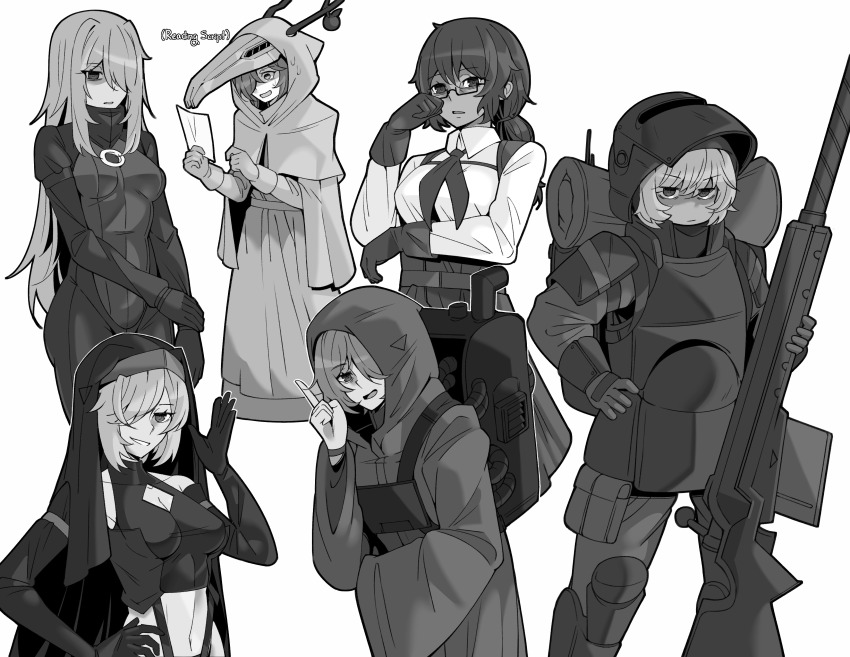 1boy 5girls antlers antlers_through_hood armor armored_boots armored_gloves bodysuit boots closed_mouth esqa glasses greyscale gun hair_between_eyes hair_over_one_eye holding holding_gun holding_phone holding_weapon hood hood_up horns long_hair long_sleeves looking_at_viewer monochrome multiple_girls navel necktie nun open_mouth phone ponytail robe shirt simple_background sister_atla sister_chloe sister_colette sister_harriette sister_kyrie soldier tagme teeth the_citadel upper_teeth_only velkavelkavelka weapon white_background white_shirt