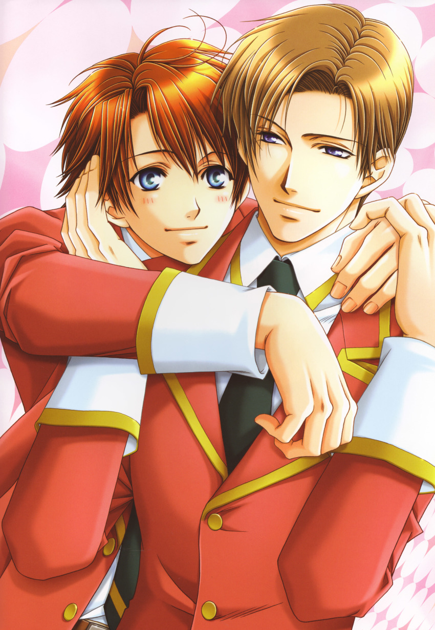 00s 2boys absurdres ahoge blue_eyes blush brown_hair couple endo_kazuki gakuen_heaven highres hug ito_keita male_focus multiple_boys necktie official_art purple_eyes school_uniform smile yaoi yuu_higuri