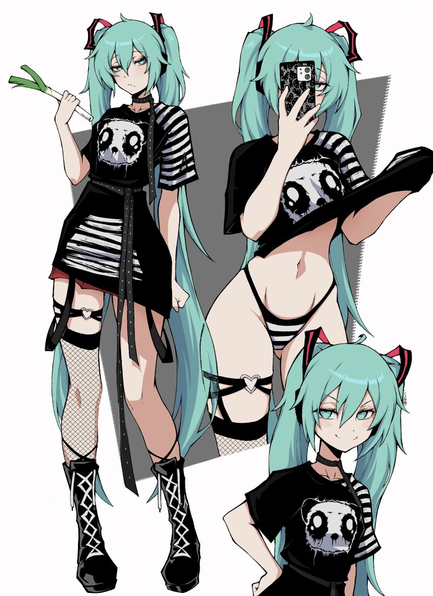 1girl :/ absurdres alternate_costume aqua_eyes aqua_hair black_panties black_shirt black_shoes black_skirt boots cellphone clothes_lift commentary english_commentary food hatsune_miku heart heart_o-ring highleg highleg_panties highres holding holding_food holding_phone kekel long_hair looking_at_viewer multiple_views navel o-ring o-ring_thigh_strap panties phone selfie shirt shirt_lift shoes simple_background skirt smartphone smile spring_onion standing striped_clothes striped_panties thigh_strap thighs twintails underwear very_long_hair vocaloid white_panties