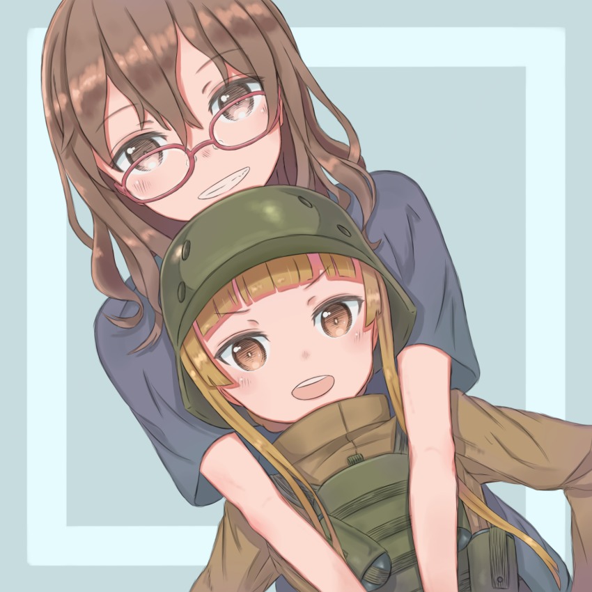 2girls age_difference bandolier belt blonde_hair brown_hair commentary_request dual_persona fukaziroh_(sao) glasses grin height_difference helmet highres multiple_girls open_mouth shinohara_miyu_(sao) smile sword_art_online sword_art_online_alternative:_gun_gale_online user_pypn2283 vest