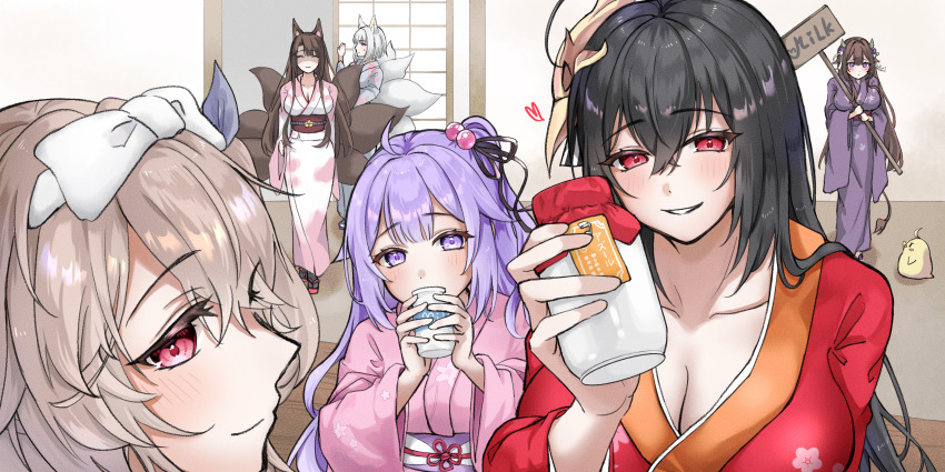 6+girls ahoge akagi_(azur_lane) alternate_costume anchorage_(azur_lane) animal_ears azur_lane bird black_hair black_thighhighs blue_kimono blush bottle bow breasts brown_footwear brown_hair brown_sash chick cleavage closed_eyes closed_mouth collarbone commentary cow_ears cow_girl cow_horns cow_tail drink drinking english_text floral_print floral_print_kimono fox_ears fox_girl fox_tail hair_between_eyes hair_bow hair_ornament heart highres holding holding_bottle holding_drink holding_jar holding_sign horns indoors japanese_clothes jar kaga_(azur_lane) kashino_(azur_lane) kimono kitsune kyuubi large_breasts light_brown_hair long_hair long_sleeves looking_at_viewer manjuu_(azur_lane) mask medium_breasts mike_neu milk multicolored_sash multiple_girls multiple_tails one_side_up open_mouth pink_kimono pink_sash purple_eyes purple_hair red_eyes sandals sash shaded_face short_hair shouji sign sliding_doors smile tag taihou_(azur_lane) tail thighhighs unicorn_(azur_lane) very_long_hair white_bow white_hair white_kimono white_sash wide_sleeves zouri