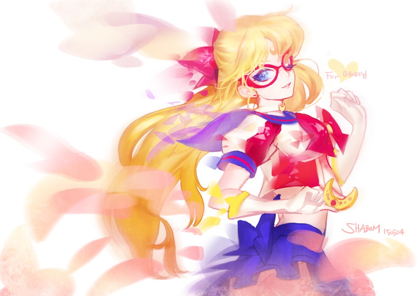 1girl aino_minako artist_name bishoujo_senshi_sailor_moon blonde_hair blue_eyes blue_sailor_collar blue_skirt blurry bow choker crescent crescent_facial_mark dated elbow_gloves facial_mark female_focus forehead_mark gloves hair_bow half_updo light_smile long_hair mask miniskirt one_eye_closed parted_lips puffy_short_sleeves puffy_sleeves red_bow sailor_collar sailor_v shabomu short_sleeves skirt solo very_long_hair white_background white_gloves