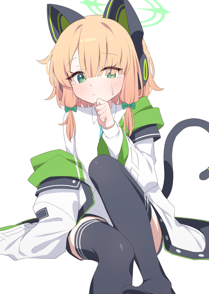 1girl absurdres animal_ear_headphones animal_ears black_thighhighs blonde_hair blue_archive blue_necktie cat_ear_headphones cat_tail fake_animal_ears green_eyes green_halo hagoonha halo headphones highres jacket medium_hair midori_(blue_archive) necktie shirt short_shorts shorts simple_background solo tail thighhighs thighs white_background white_jacket white_shirt