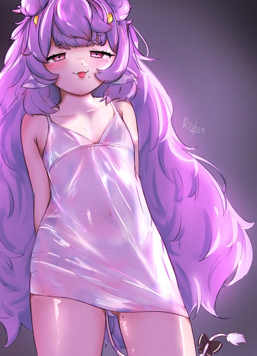 1girl animal_ears artist_name bare_shoulders blush collared_shirt covered_navel cow_ears cow_tail double_bun gluteal_fold hair_bun highres horns long_hair mole mole_on_thigh muu_muyu phase_connect pink_eyes purple_hair risha shirt solo tail thighs tongue tongue_out virtual_youtuber