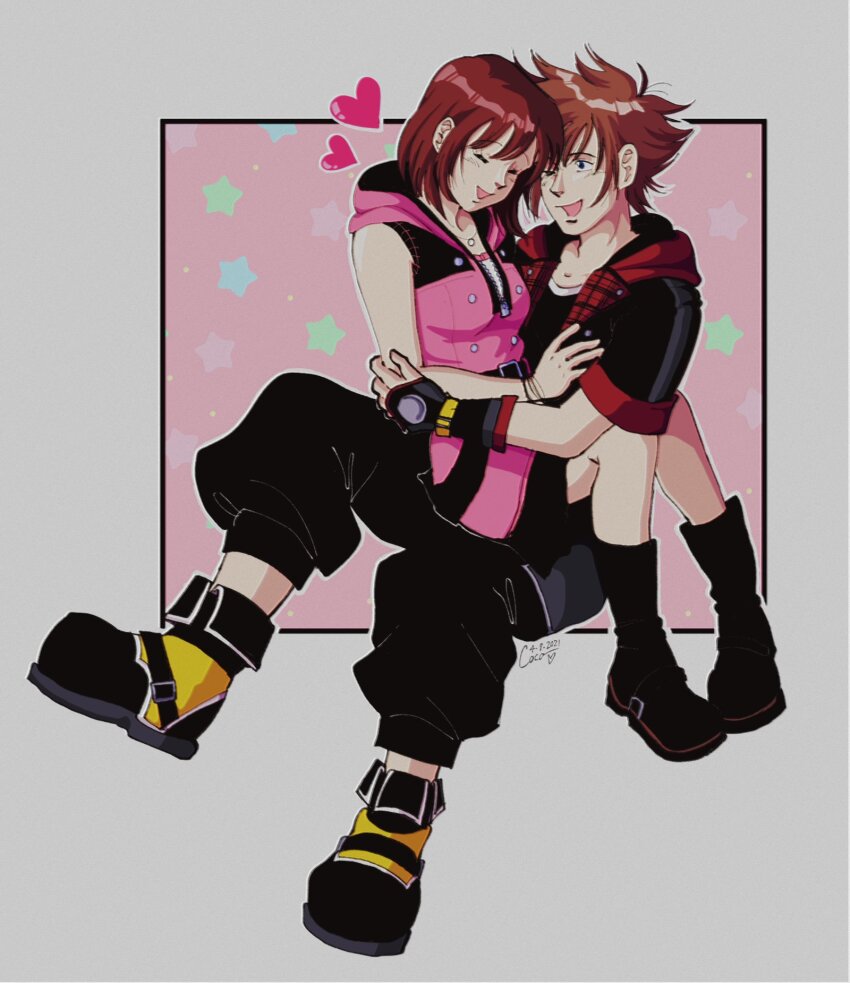 1boy 1girl brown_hair closed_eyes commentary commission couple english_commentary heads_together heart hetero highres kairi_(kingdom_hearts) kingdom_hearts one_eye_closed open_mouth pasuterucoco plaid retro_artstyle short_hair signature sitting sitting_on_lap sitting_on_person skirt sleeveless sleeveless_jacket sora_(kingdom_hearts) star_(symbol)