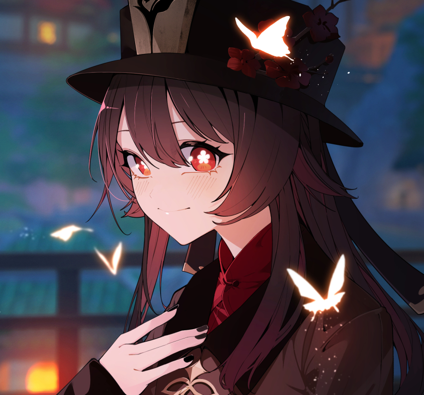 1girl black_nails blurry blurry_background blush brown_coat brown_hair chinese_clothes coat flower flower-shaped_pupils genshin_impact hand_on_own_chest hat hat_flower highres hu_tao_(genshin_impact) looking_at_viewer looking_to_the_side plum_blossoms porkpie_hat red_shirt shirt smile solo symbol-shaped_pupils twintails upper_body vkdlfl777