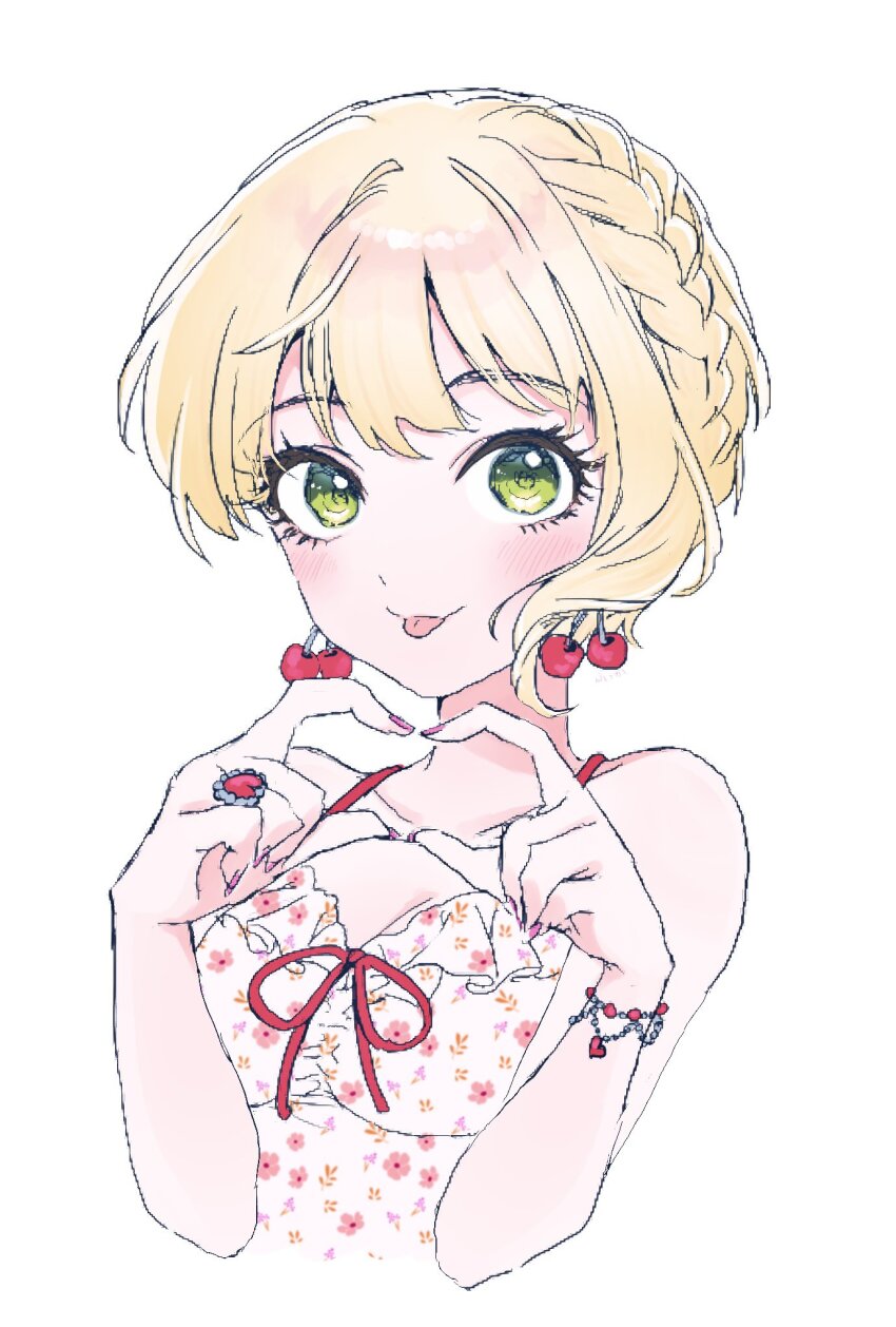 1girl bare_shoulders blonde_hair blush bracelet braid breasts cherry_earrings cleavage collarbone commentary_request cropped_torso dress dress_ribbon earrings floral_print food-themed_earrings food_themed_earrings green_eyes heart heart_hands highres hukka_(hukka_ready) idolmaster idolmaster_cinderella_girls jewelry looking_at_viewer medium_breasts miyamoto_frederica nail_polish pink_nails red_ribbon ribbon short_hair simple_background solo spaghetti_strap tongue tongue_out upper_body white_background white_dress