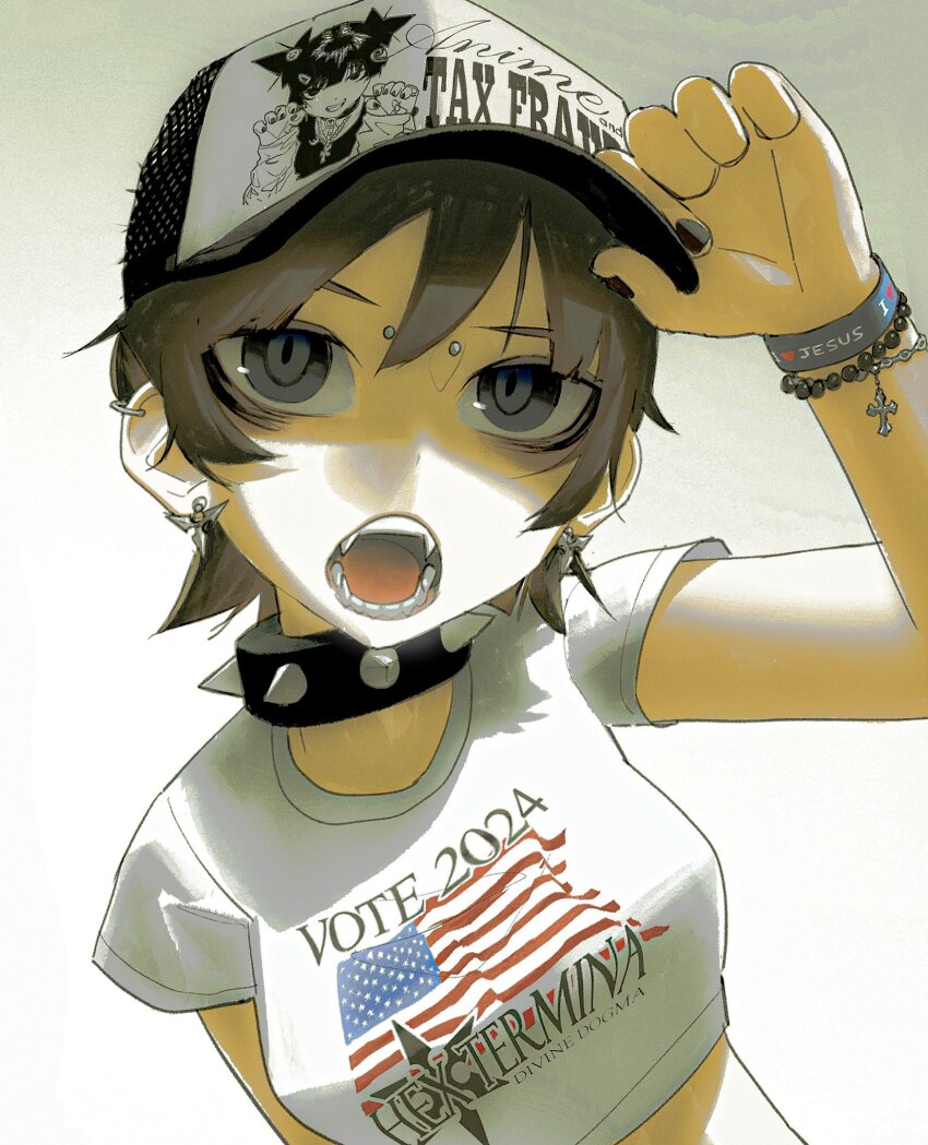 1girl adjusting_clothes adjusting_headwear american_flag american_flag_print bags_under_eyes bead_bracelet beads bracelet breasts clothes_writing collar cross earrings english_text fangs fashion flag_print grey_eyes grey_hair hat hex_termina highres jewelry looking_at_viewer midriff open_mouth original print_shirt shirt short_hair simple_background solo spiked_collar spikes tax_fraud tomboy upper_body vinne white_background wristband